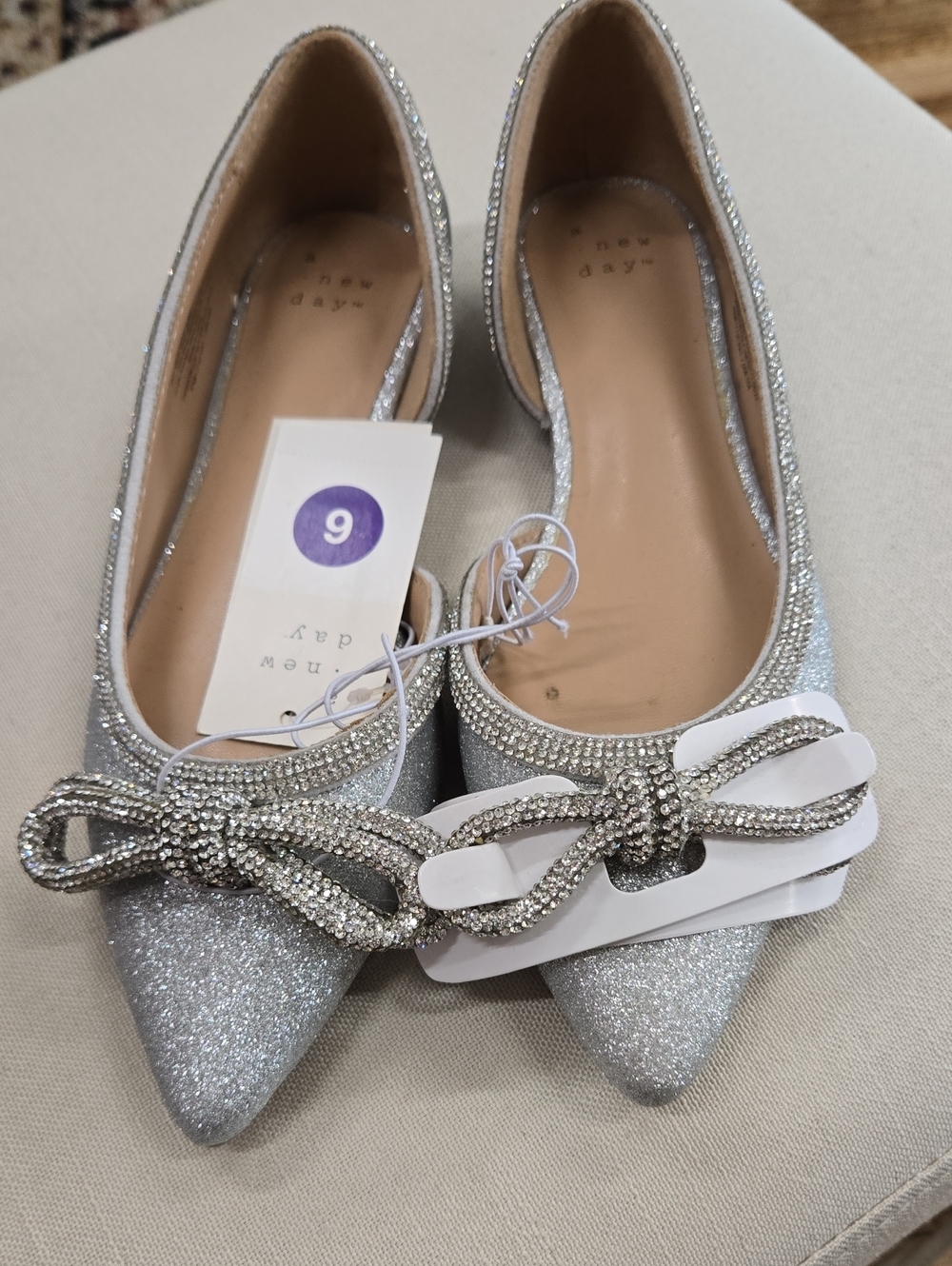 a new day Silver Glitter Pointed Flats with Crystal Knot